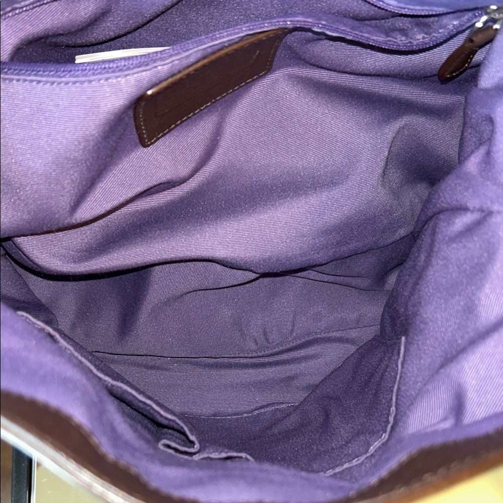 Coach Dark Brown Leather Shoulder Bag with purple stitching and lining - Picture 14 of 16
